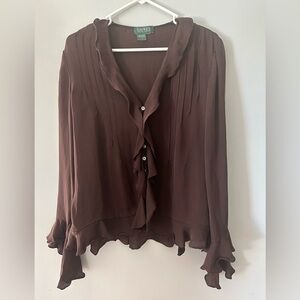 LAUREN RALPH LAUREN 100% SILK Sz 14 Brown Ruffle Sheer Long Sleeve Top Prep Y2K